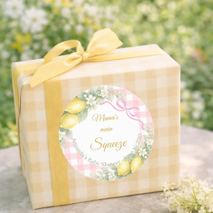 Citroen roze gingham mama's grote liefde Baby Show Ronde Sticker