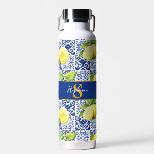 Citroen tegelpatroon blauw wit citrus monogram naa waterfles