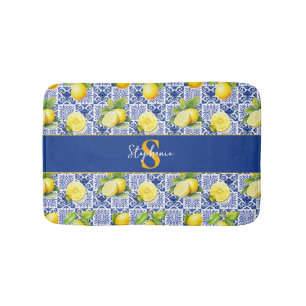 Citroen tegelpatroon blauw wit naam monogram citru badmat
