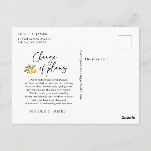 Citroen Verander de Datum Uitgestelde Bruiloft Briefkaart (Achterkant)