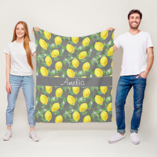 Citroen waterverfpatroon schattig meisje grijs fleece deken