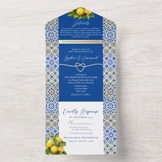 Citroenblauw Italiaans Tegel bruiloft All In One Uitnodiging (Binnen)