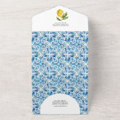 Citroenblauw Mediterraan Monogram QR Code Bruiloft All In One Uitnodiging (Buitenkant)