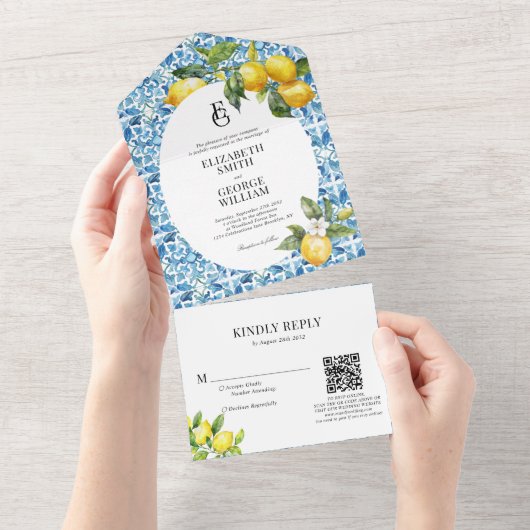 Citroenblauw Mediterraan Monogram QR Code Bruiloft All In One Uitnodiging (Afscheurbaar)