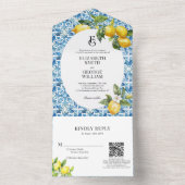 Citroenblauw Mediterraan Monogram QR Code Bruiloft All In One Uitnodiging (Binnen)