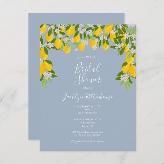 Citroenbloesem Groenigheid Stofblauw Bruidsfeest Aankondigingskaart (Voorkant / Achterkant)