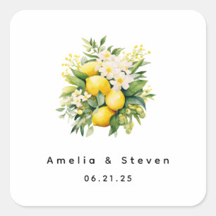 Citroenboeket met witte bloesems - bruiloft vierkante sticker