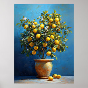 Citroenboom in kleipot met bloesems poster