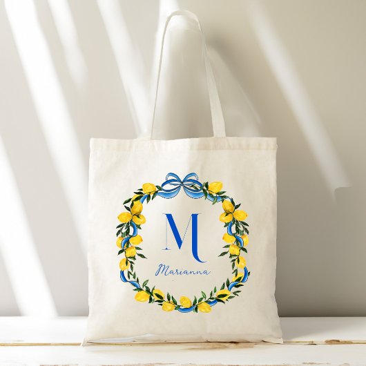 Citroenen blauw boog gepersonaliseerde bruidsmeisj tote bag