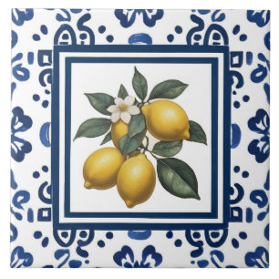 Citroenen Blauw en Wit Tribale Folk Art Patroon Tegeltje