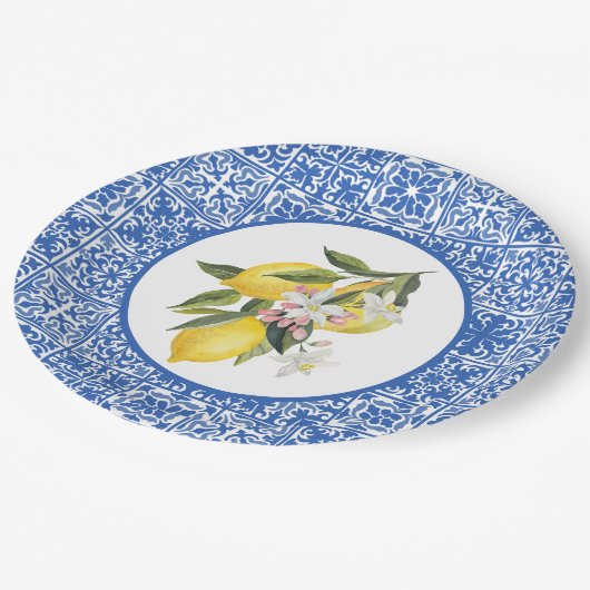 Citroenen & Blauw Mediterraan Tegel Trouw Bruiloft Papieren Bordje (Gekanteld)