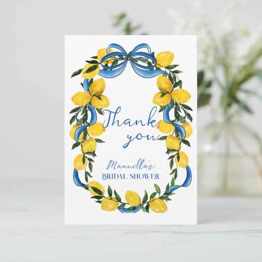 Citroenen blauwe strik lint Italiaanse bruidsdouch Bedankkaart (Staand voorkant)