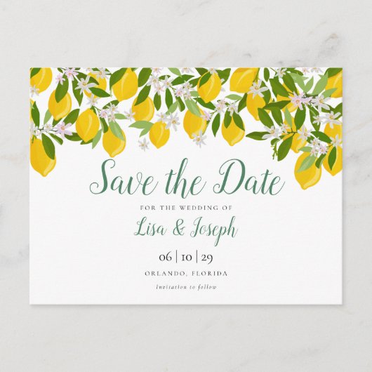 Citroenen Bloesem Elegant Script Bewaar de datum Briefkaart (Voorkant)