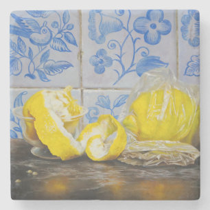 Citroenen en Azulejos — Klassiek Blauw en Geel Sti Stenen Onderzetter