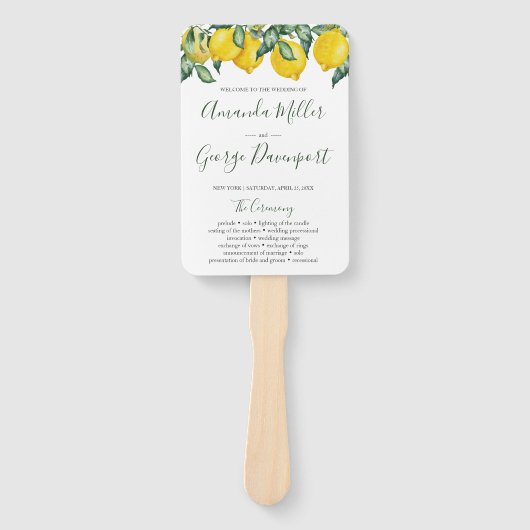 Citroenen en groen bruiloft programma fan handwaaier (Voorkant)