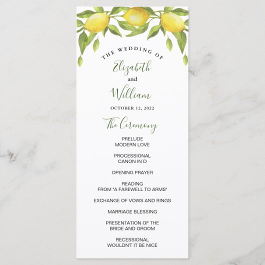 Citroenen en Groene Waterverf Trouwceremonie Programma (Voorkant)
