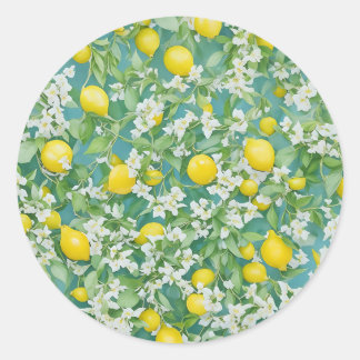 Citroenen en witte bloemen ronde sticker