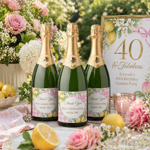 Citroenen geruite roze strik tuin Bedankt Verjaard Sparkling Wijnetiket
