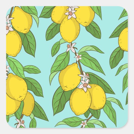 Citroenen, levendige blauwe achtergrond naadloos. vierkante sticker (Voorkant)