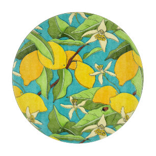 Citroenen, lieveheersbeestjes, bloesems op Blauwgr Snijplank