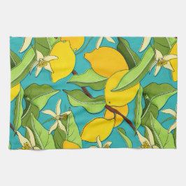 Citroenen, lieveheersbeestjes, bloesems op Blauwgr Theedoek