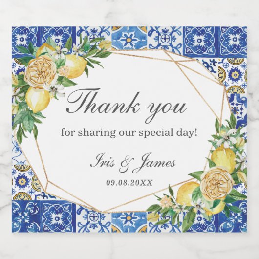 Citroenen Mediterraans Blauw Mozaïek Tegels Bruilo Sparkling Wijnetiket (Enkel label)