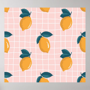 Citroenen, retro geometrie, zomer naadloos patroon poster