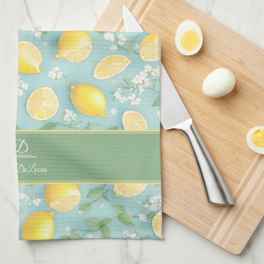 Citroenen Waterverf Mint Gepersonaliseerd Naam Lem Theedoek (Quarter Fold)