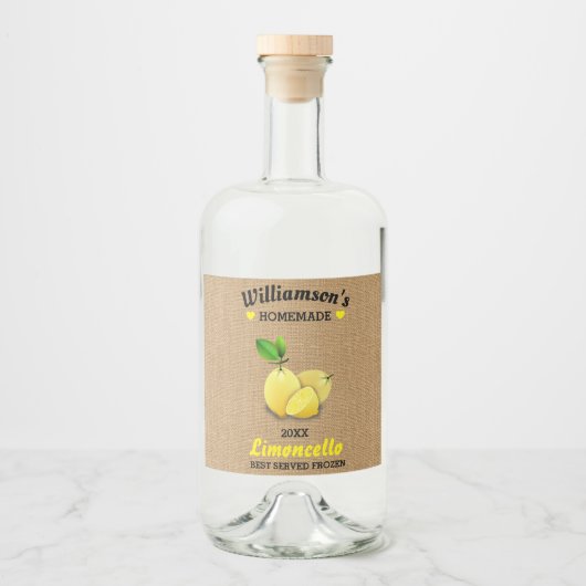 Citroenen zelfgemaakte Limoncello rustieke jute Likeurfles Etiket (Voorkant)