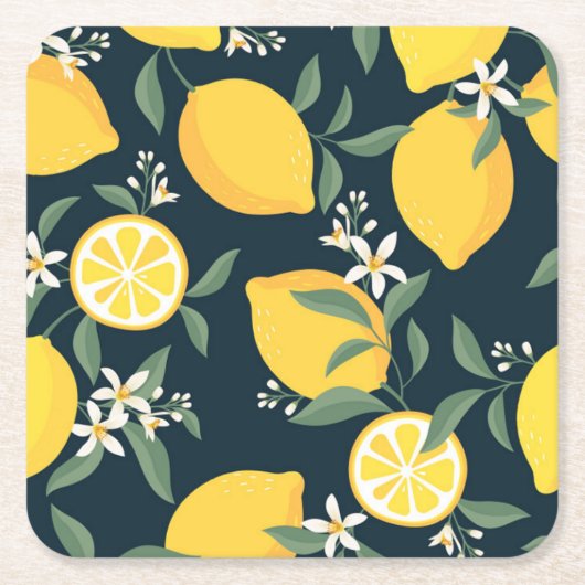 Citroengeel bladpatroon vierkante kartonnen onderzetter (Voorkant)