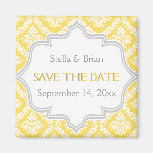 Citroengeel, grijs damast bruiloft Save the Date Magneet (Voorkant)