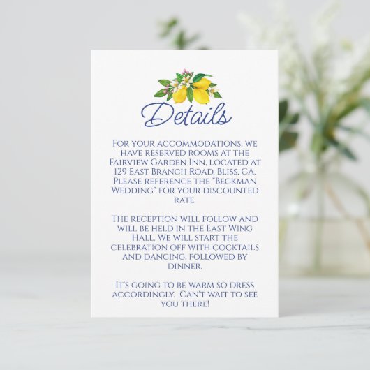 Citroengele Zomer Elegante Trouwdetails Informatiekaartje (Staand voorkant)