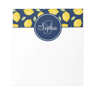 Citroenmotief marineblauw geel monogram notitieblok