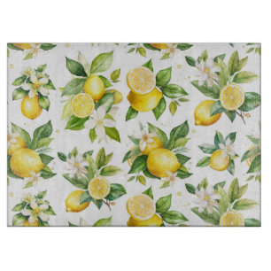 Citroenpatroon, citroenbloemen, bladeren, citrus snijplank