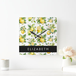 Citroenpatroon, citroenbloemen, bladeren, Jouw naa Vierkante Klok