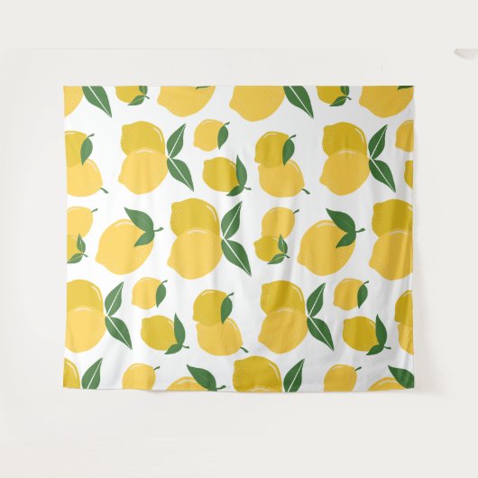 Citroenpatroon Retro Fruit Geel op Wit Wandkleed (Voorkant (horizontaal))