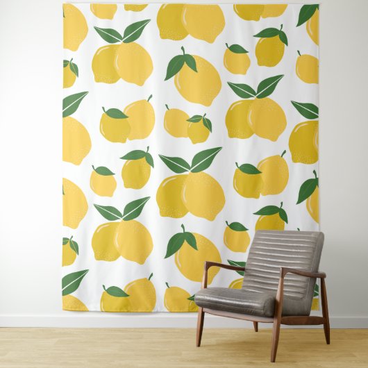 Citroenpatroon Retro Fruit Geel op Wit Wandkleed (In situ)