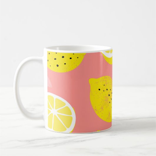 Citroenprint, helder naadloos zomerpatroon. koffiemok (Links)