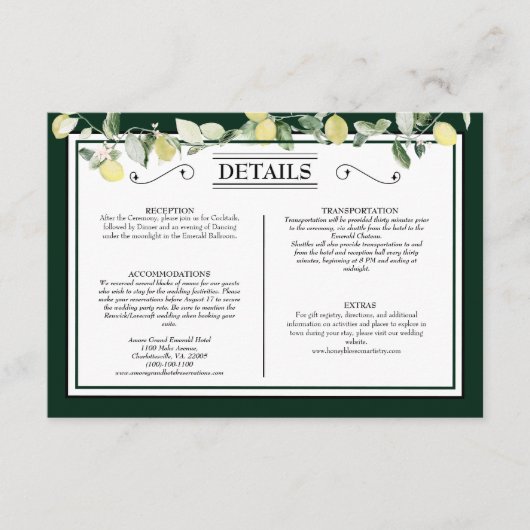 Citroenrand Smaragdgroene Trouwdetails Informatiekaartje (Voorkant)