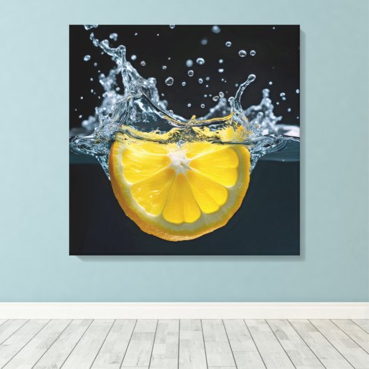 Citroenschijfje met water splash canvas afdruk (Insitu (Houten vloer))