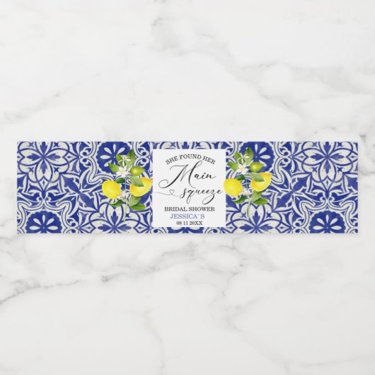 Citroentak en blauwe mozaïek bruidsdouche Water B Waterfles Etiket (Enkel label)