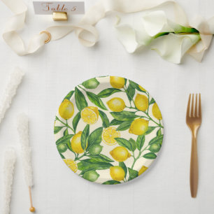 Citroentakken in groen en geel papieren bordje