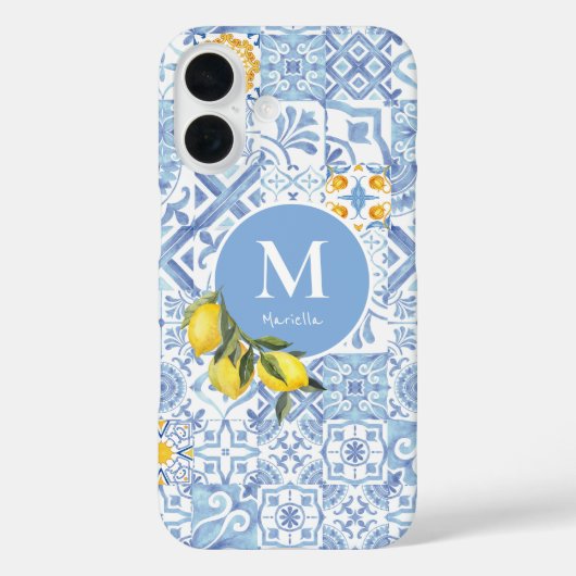 Citroenvruchtenmonogram, blauwe tegel Case-Mate iPhone case (Achterkant)