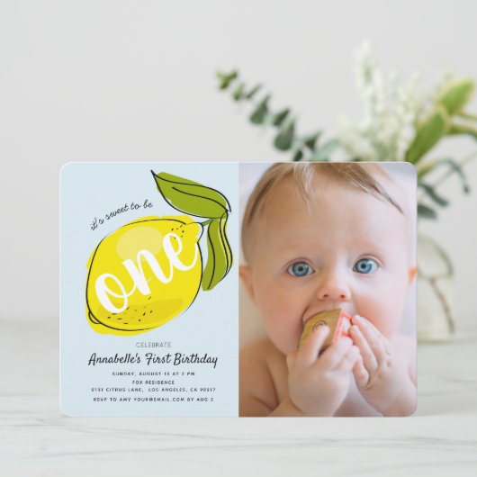 Citron Bébé Bleu Photo 1er anniversaire Invitation (Debout devant)