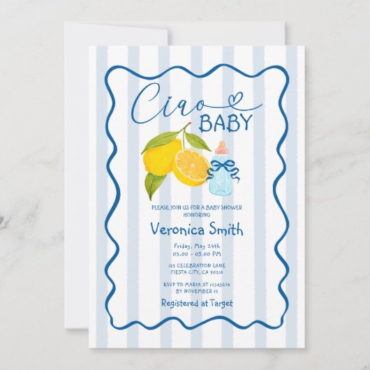 Citron bleu Italie Ciao Baby shower Invitation (Devant)