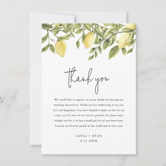 CITRON Citrus Bruiloft Dank u kaart (Voorkant)
