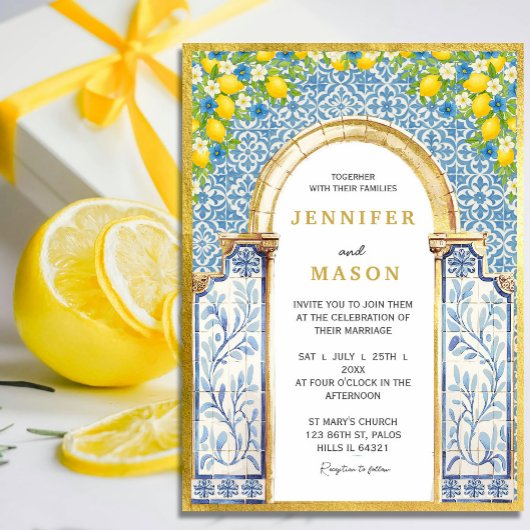 Citron et Faire-part de mariage de carrelage bleu