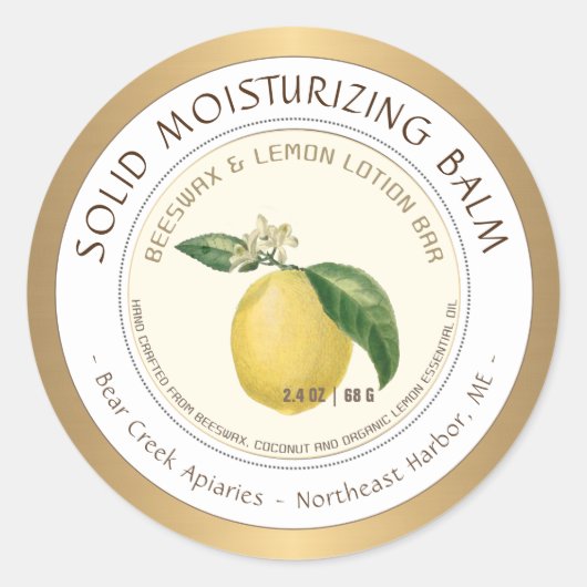 Citron Parfumé cire d'abeille Lotion Bar étiquette (Devant)