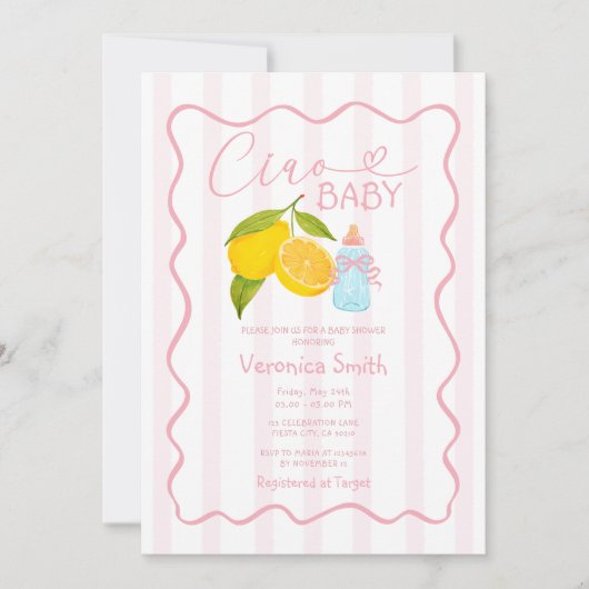 Citron rose Italie Ciao Baby shower Invitation (Devant)