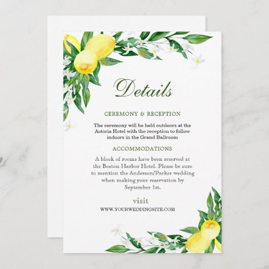 Citrons Mariage Réception Détails Carte de boîtier (Devant / Derrière)